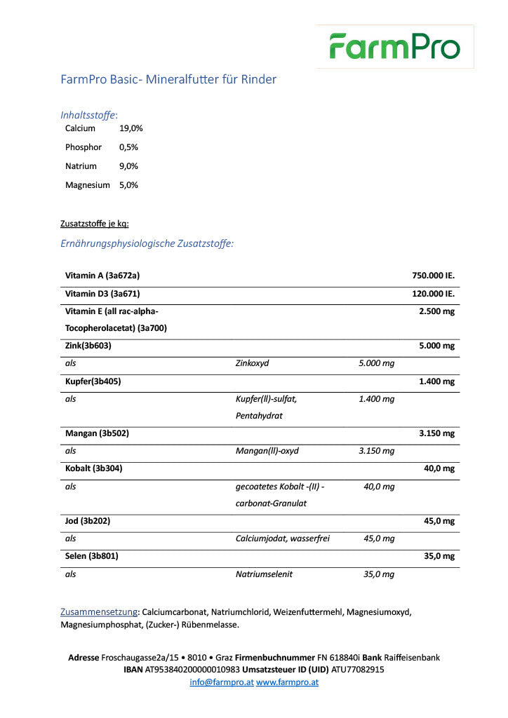 FarmPro Basic - Mineralfutter für Rinder Inhaltstoffe