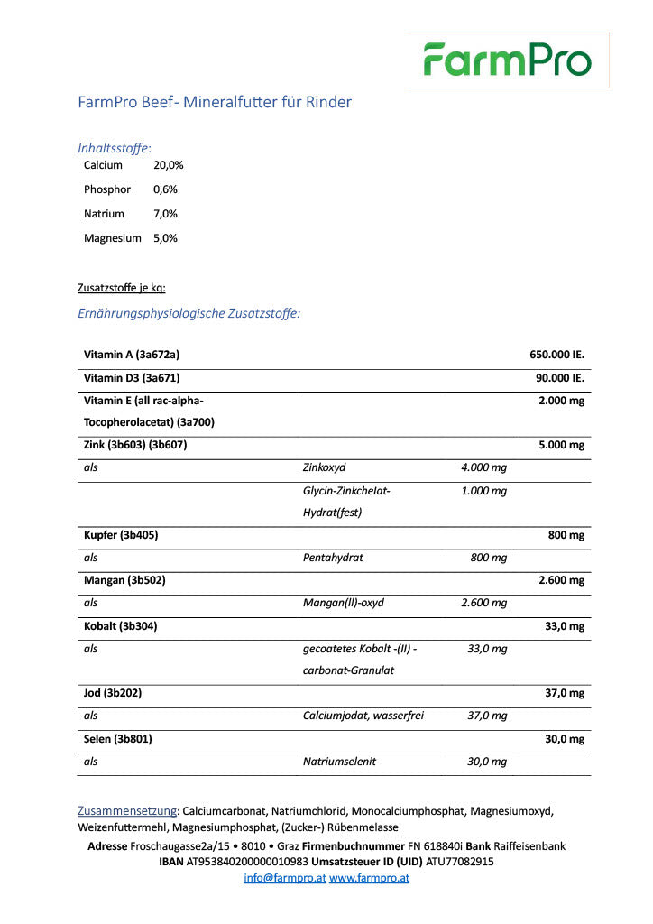FarmPro Beef - Mineralfutter für Rinder Inhaltsstoffe